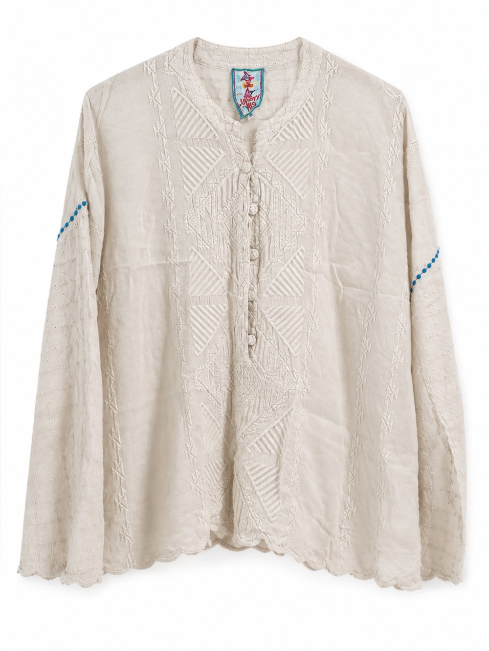 Johnny Was XS Ivory Embroidered Eyelet Blouse Boho Sheer Rayon Top